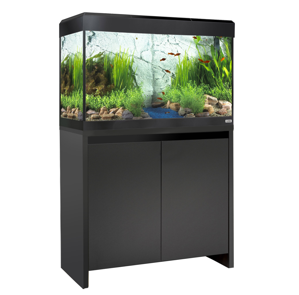 Fluval Roma 125-Liter-Aquarium in Schwarz auf passendem Unterschrank mit bepflanztem Layout